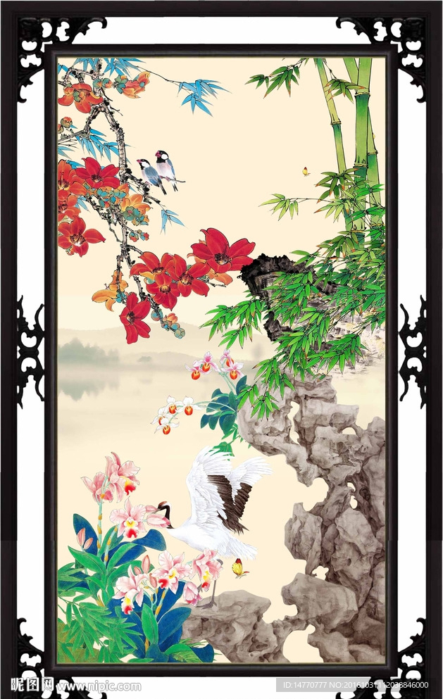 花鸟竹子图 仙鹤