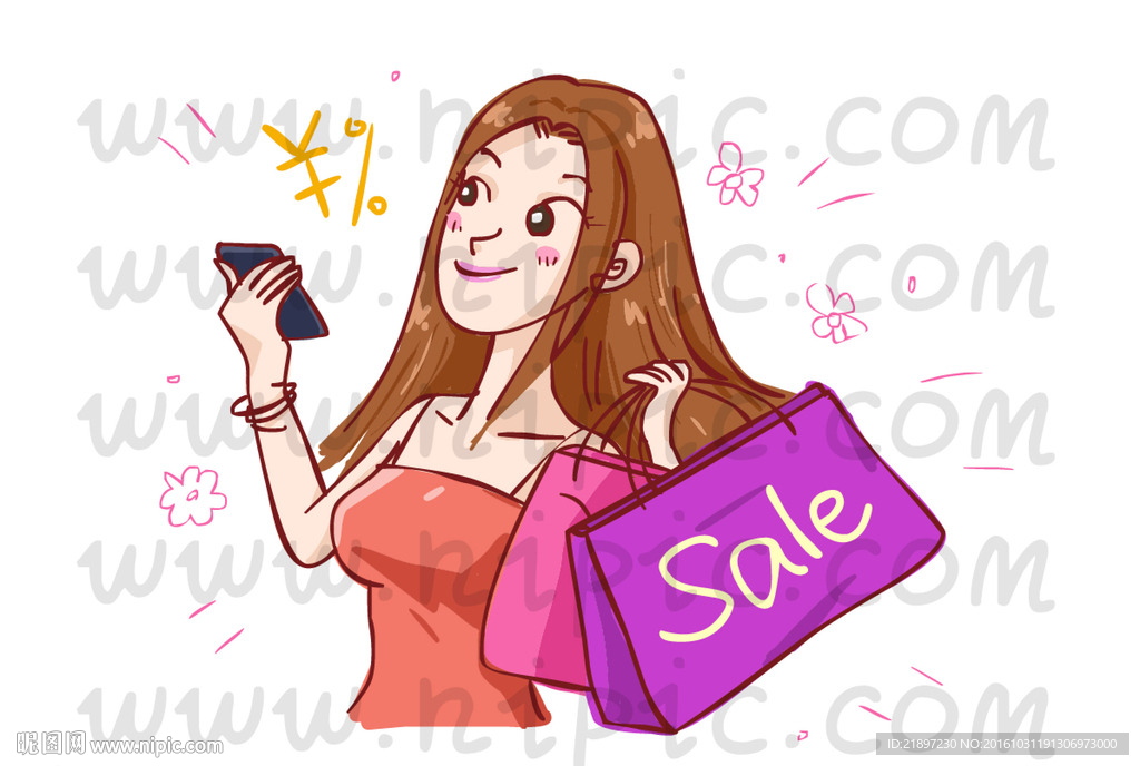 手绘购物女郎