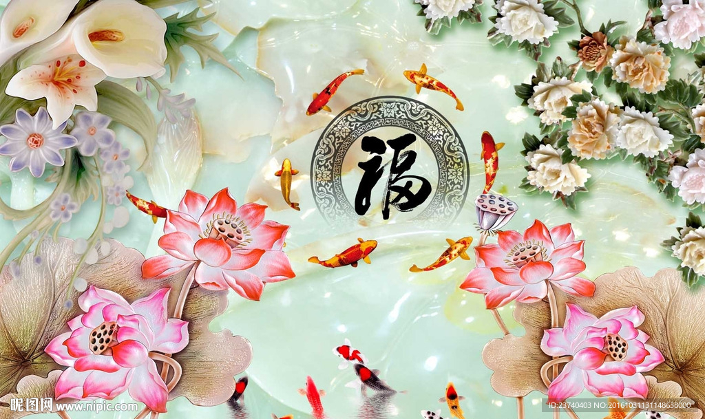 荷花彩雕背景墙