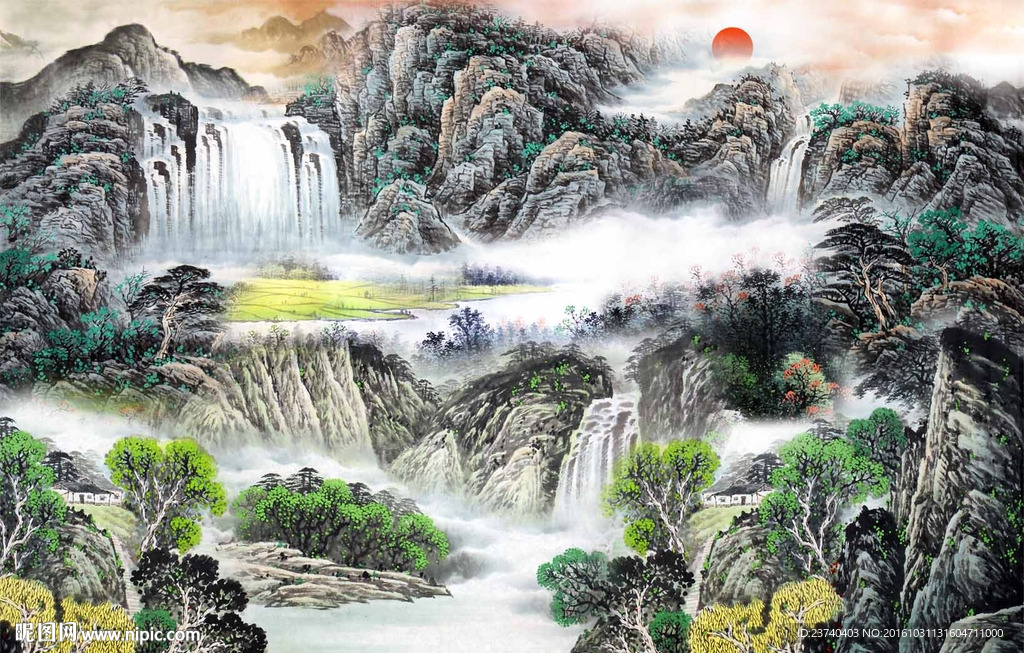 山水国画电视背景墙