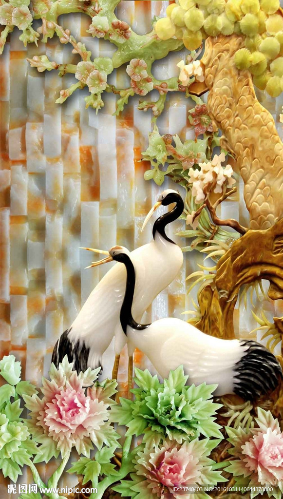 玉雕玄关背景墙 仙鹤