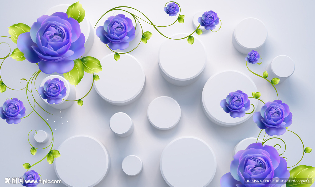 蓝色玫瑰花立体圆柱背景墙