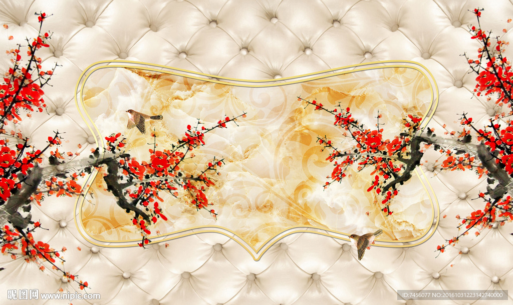 水墨梅花大理石软包立体背景墙