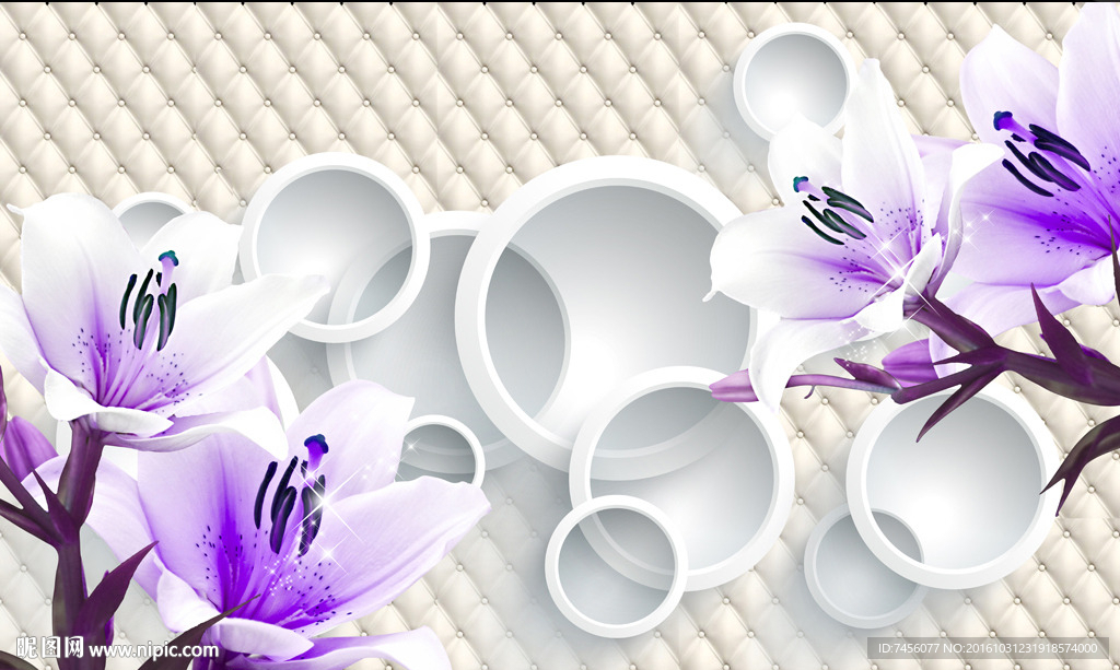 紫色浪漫兰花立体圈圈背景墙