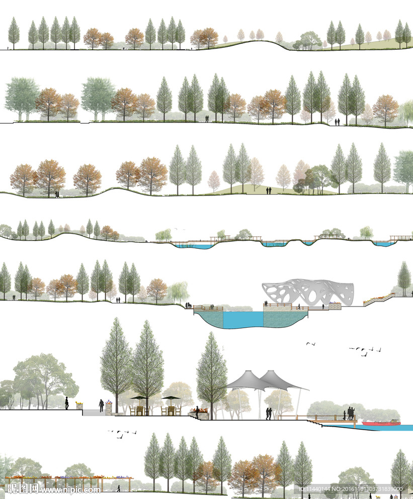 国外风格滨水景观PSD剖立面