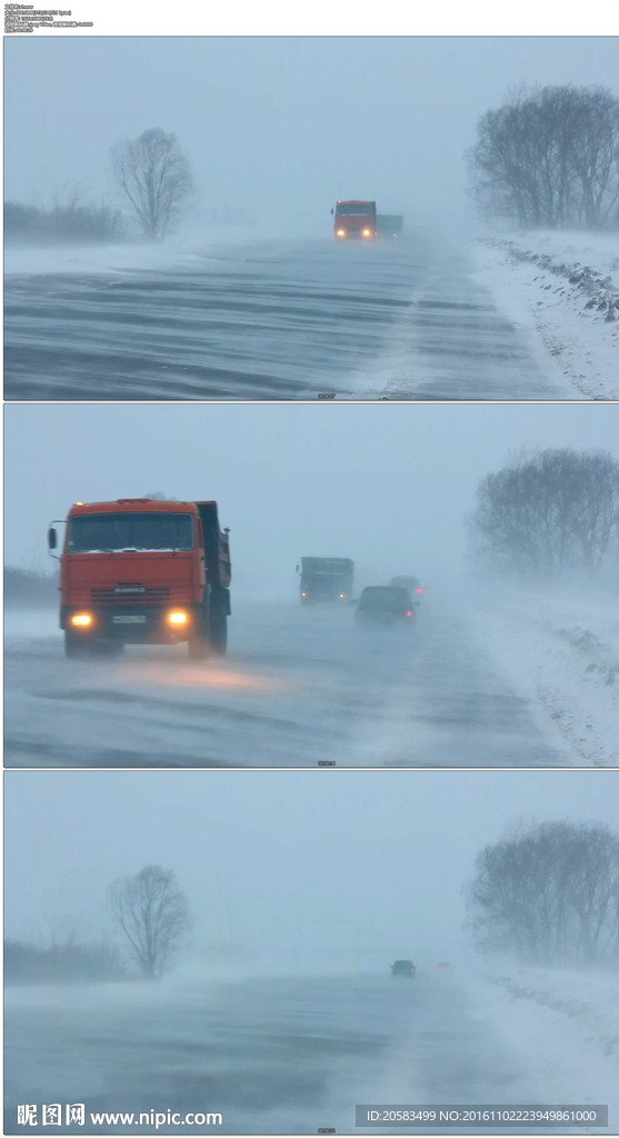 货车行驶在暴风雪的道路上