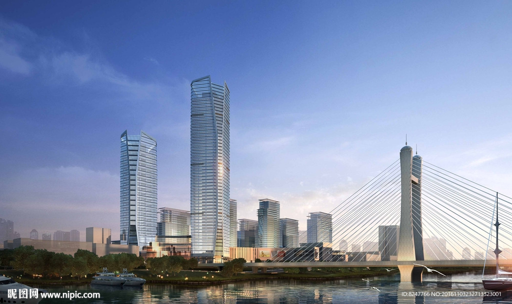 江边繁华都市商业圈黄昏建筑图