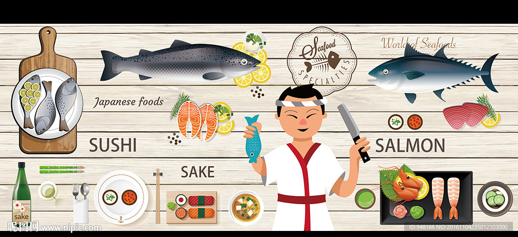 寿司生鱼片日本料理木板背景墙