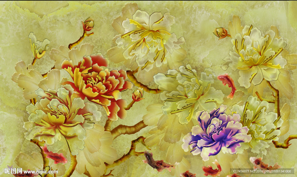 牡丹花彩雕游鱼背景墙