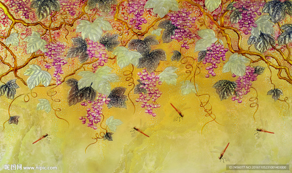 彩雕葡萄蜻蜓时尚背景墙