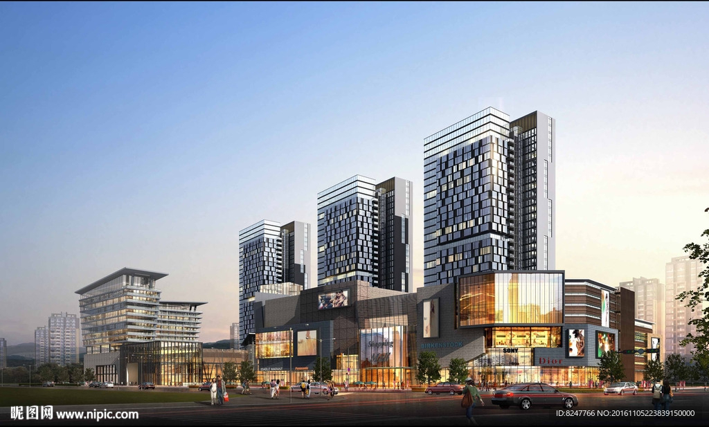 商业中心黄昏建筑效果图
