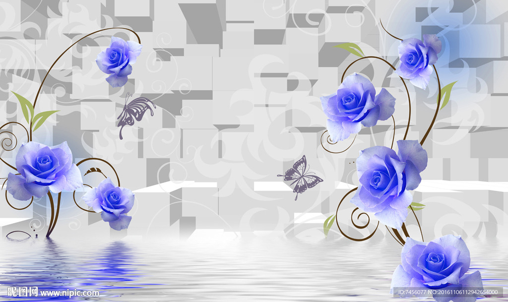 水中蓝玫瑰立体背景墙