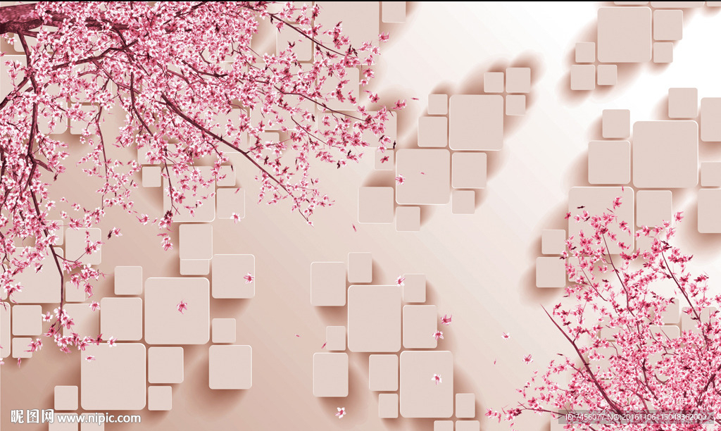 粉色桃花枝立体背景墙