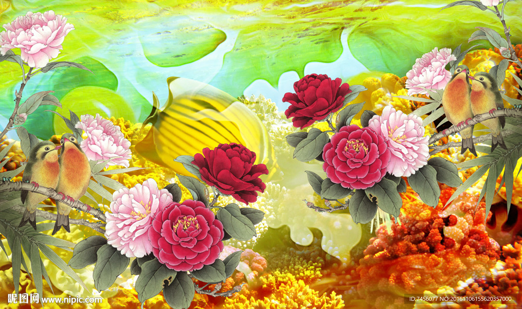 牡丹花时尚玉石背景墙