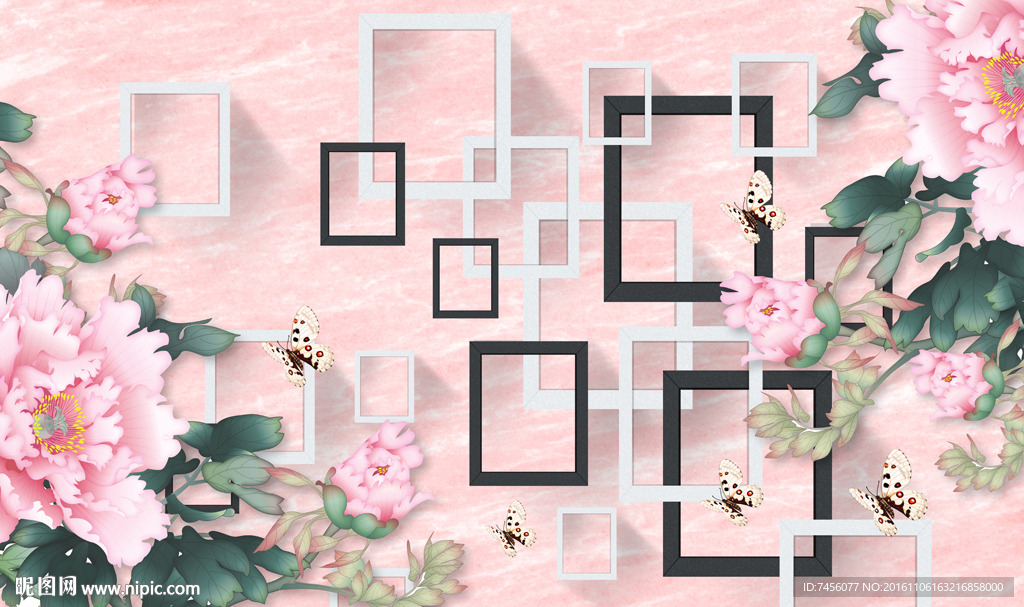 蝶恋牡丹花立体框框背景墙