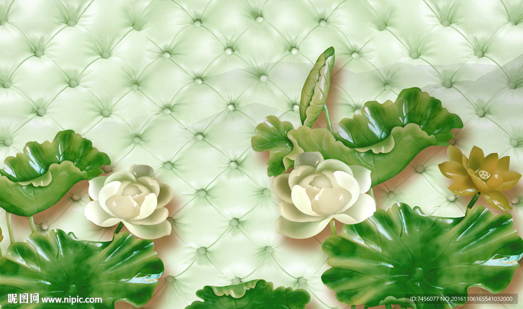玉雕莲花软包立体背景墙
