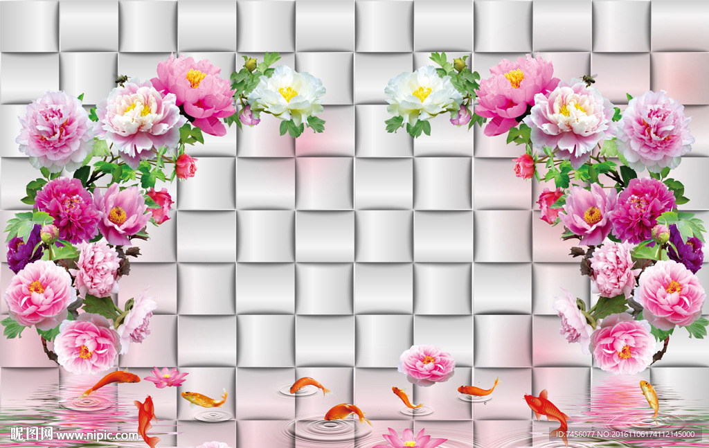 牡丹花游鱼软包立体背景墙