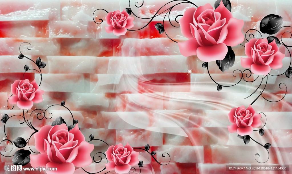 唯美玫瑰花藤时尚玉石背景墙