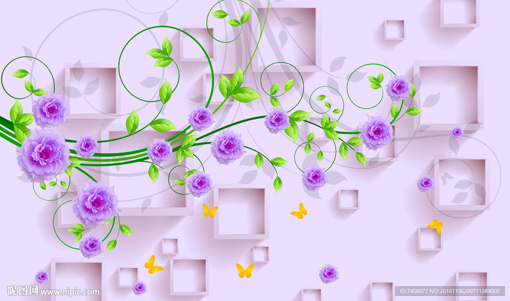 紫色玫瑰花藤立体背景墙