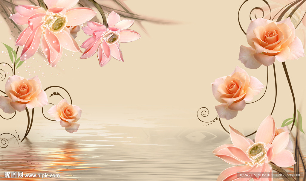 水中玫瑰花浪漫莲花背景墙