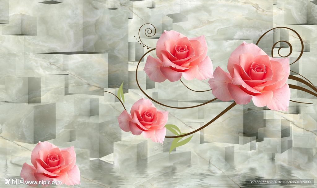 玫瑰花花藤大理石立体背景墙