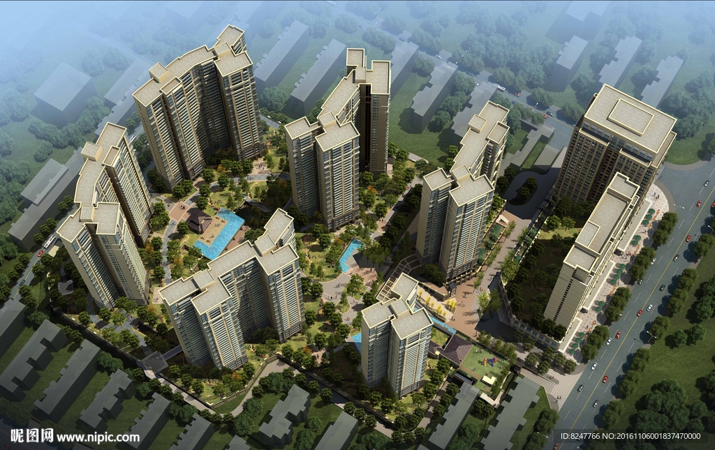 住宅区鸟瞰建筑效果图