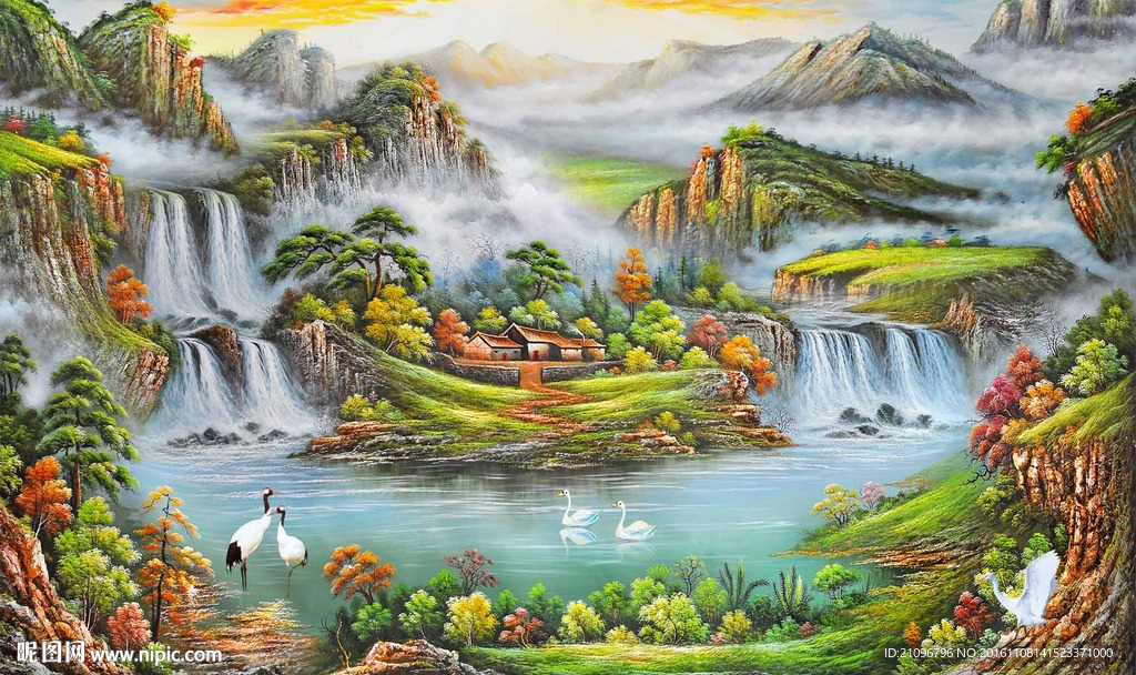 风景油画电视背景墙