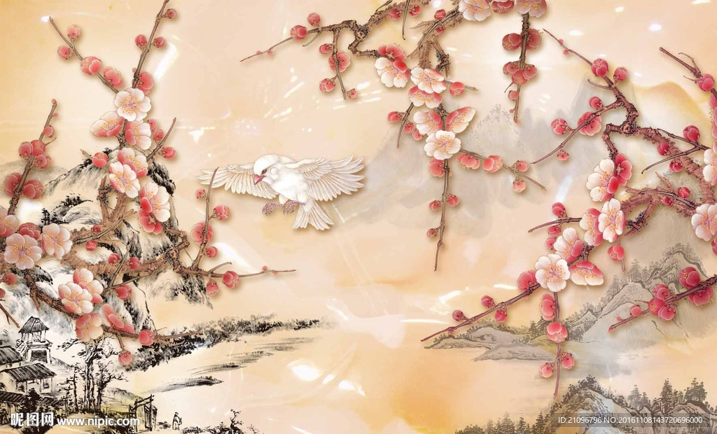 电视背景墙 花鸟