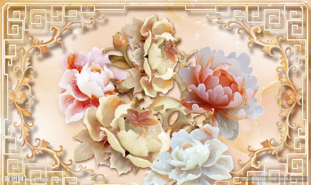 玉雕花开富贵背景墙