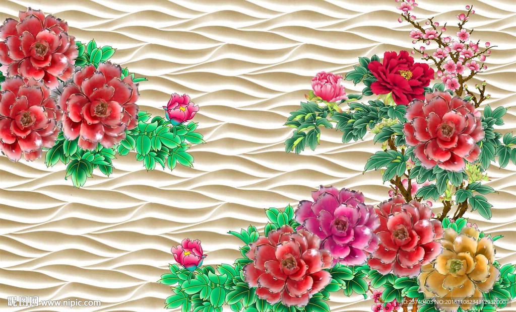 花开富贵电视背景墙