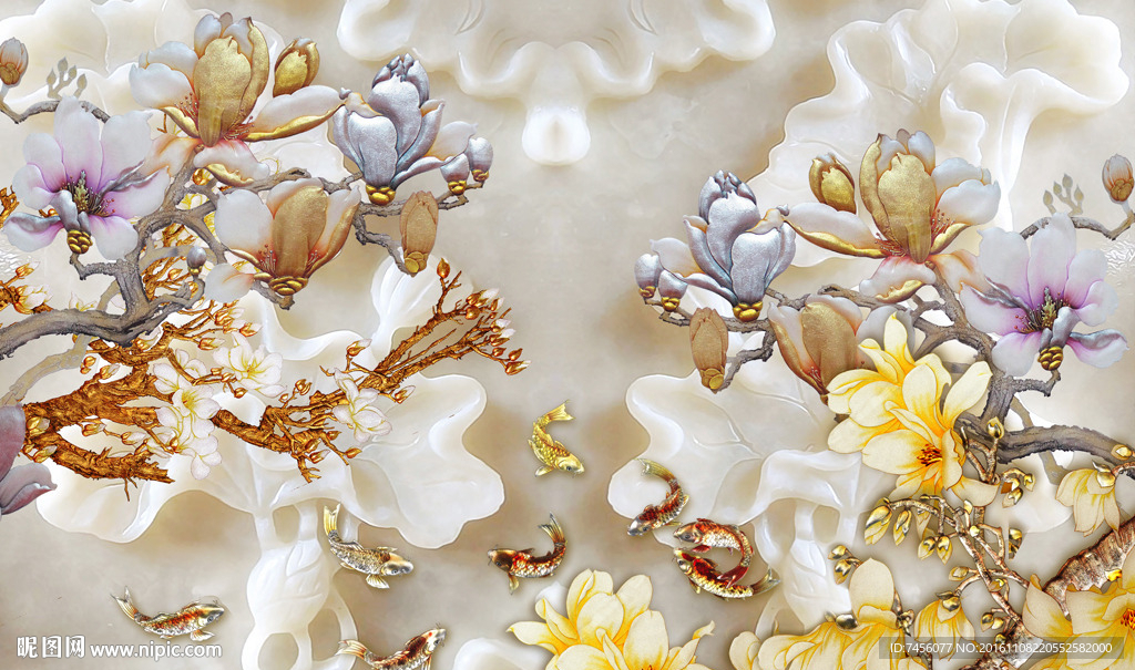 玉兰花玉雕立体背景墙