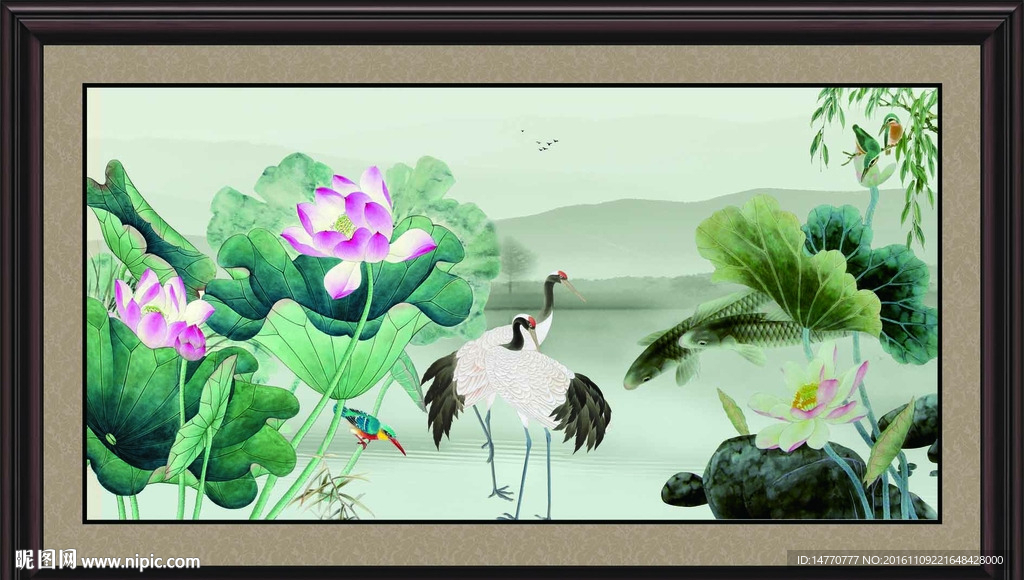 荷花图 仙鹤