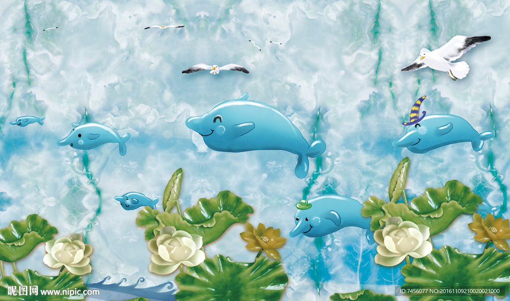 海豚玉雕莲花背景墙