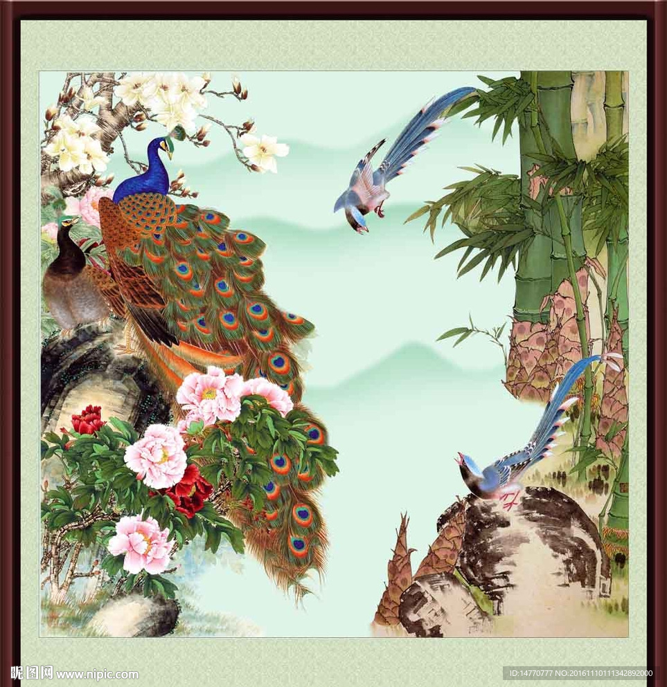 竹报平安 孔雀图