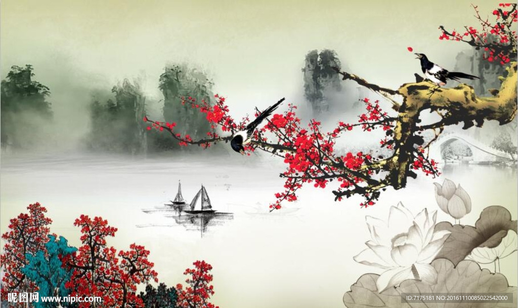 水墨梅花背景墙