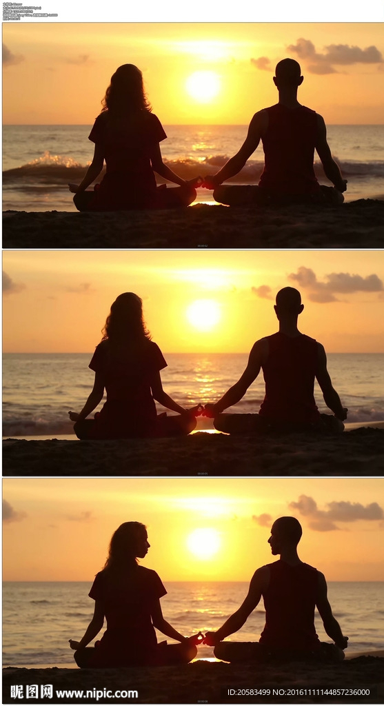 情侣夫妇坐在海边练瑜伽