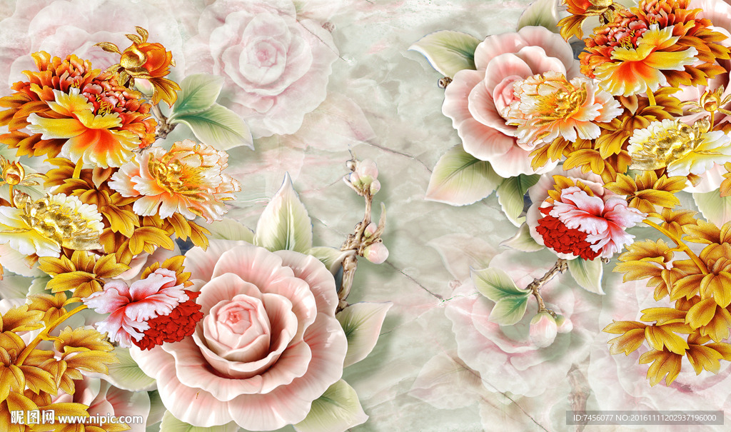 牡丹花彩雕立体背景墙