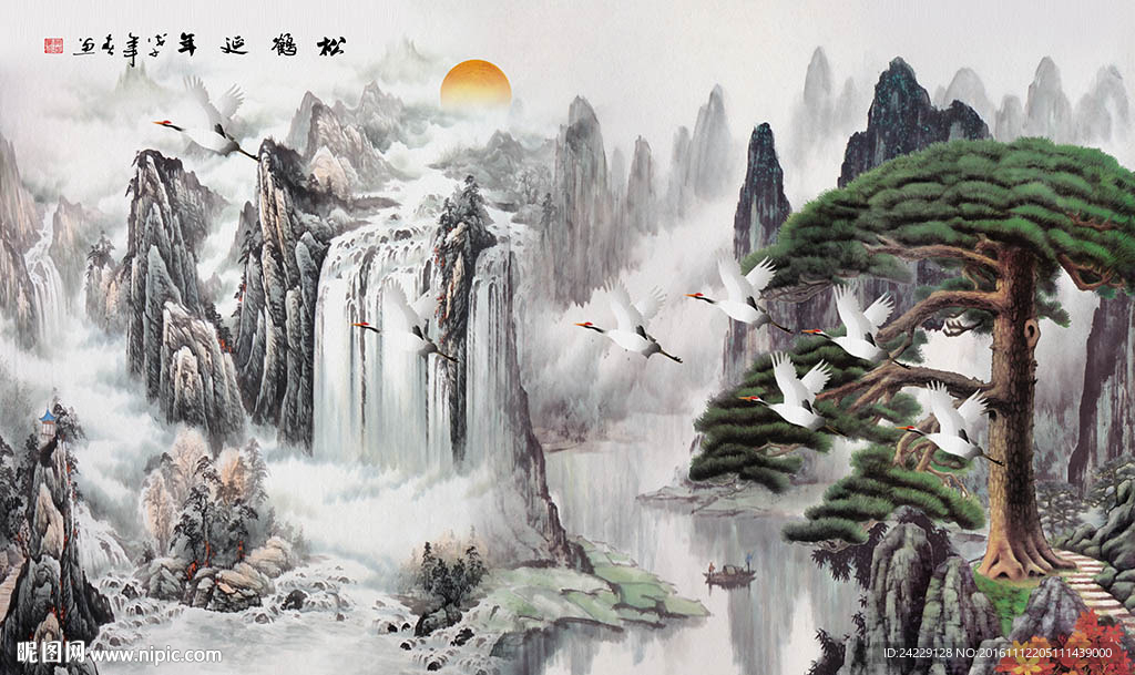 松鹤延年中式背景墙