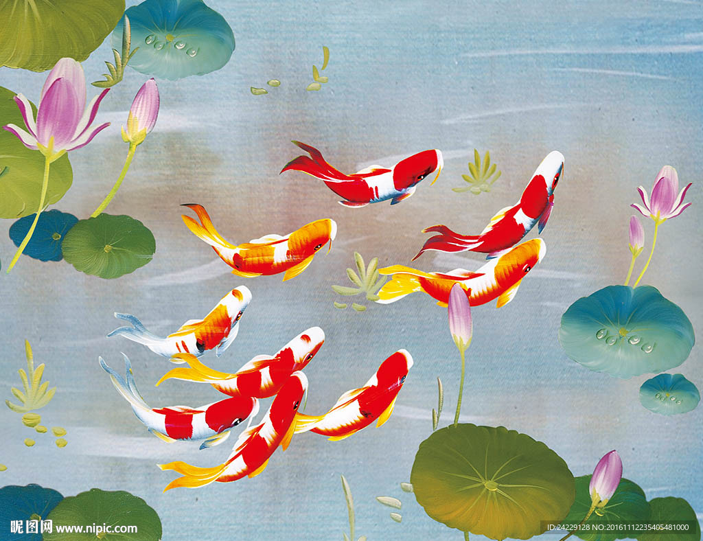 九鱼图中式背景墙