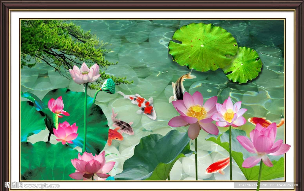 荷花九鱼图
