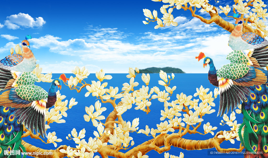 孔雀玉兰花大海背景墙