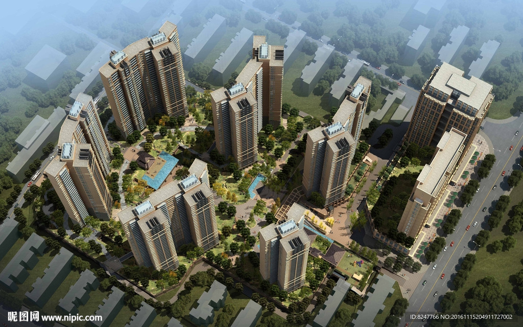 高层住宅小区鸟瞰建筑效果图