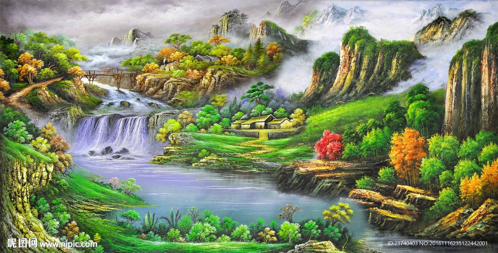 风景油画电视背景墙