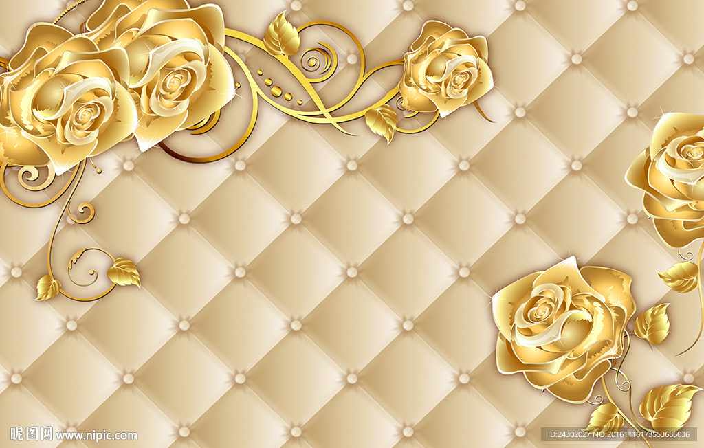 3D时尚软包金色牡丹影视背景墙