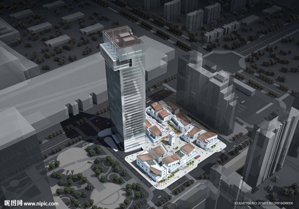 特色商业大厦鸟瞰建筑效果图