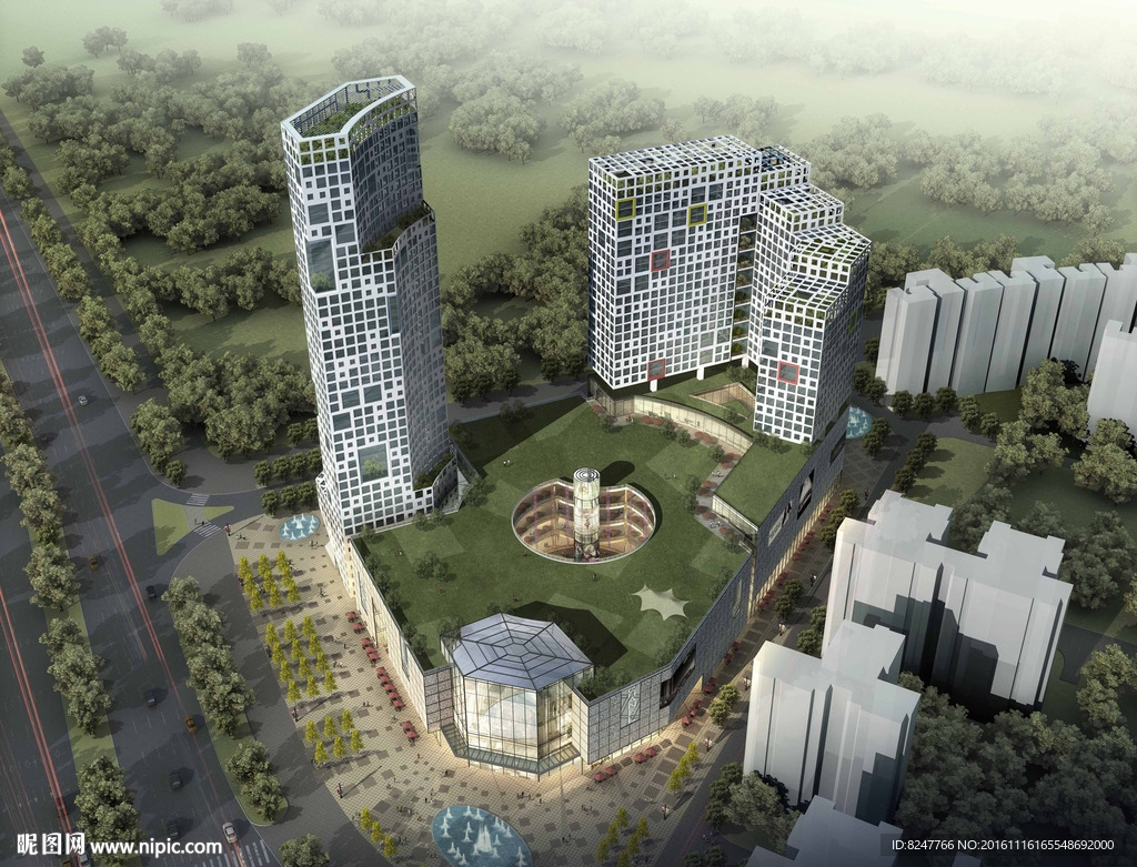 现代购物广场鸟瞰建筑效果图