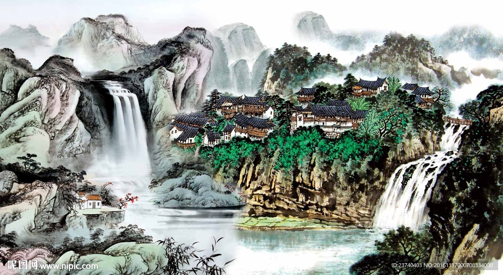 山水国画电视背景墙