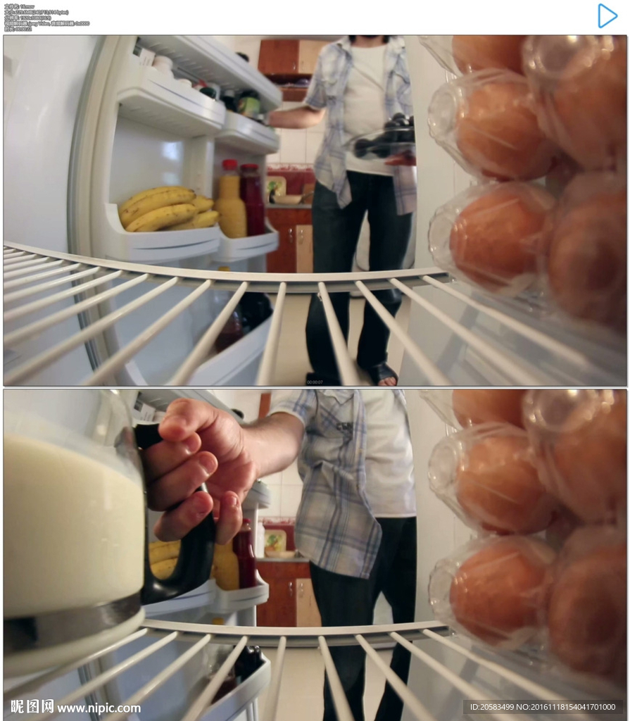 男人打开冰箱取水果放牛奶