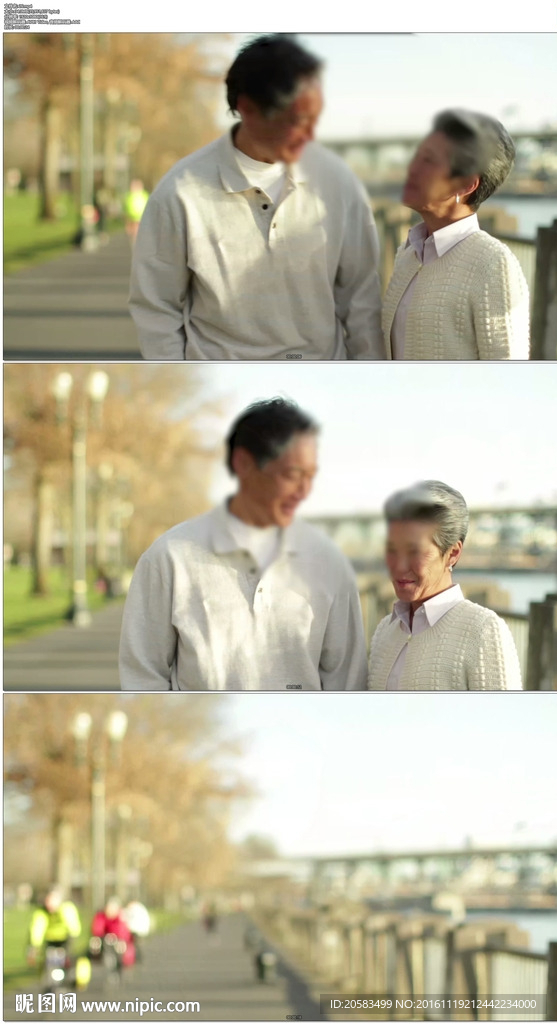 老年夫妇户外散步行走
