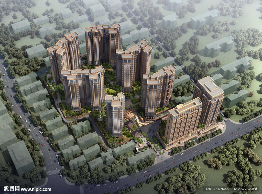 住宅区鸟瞰建筑效果图